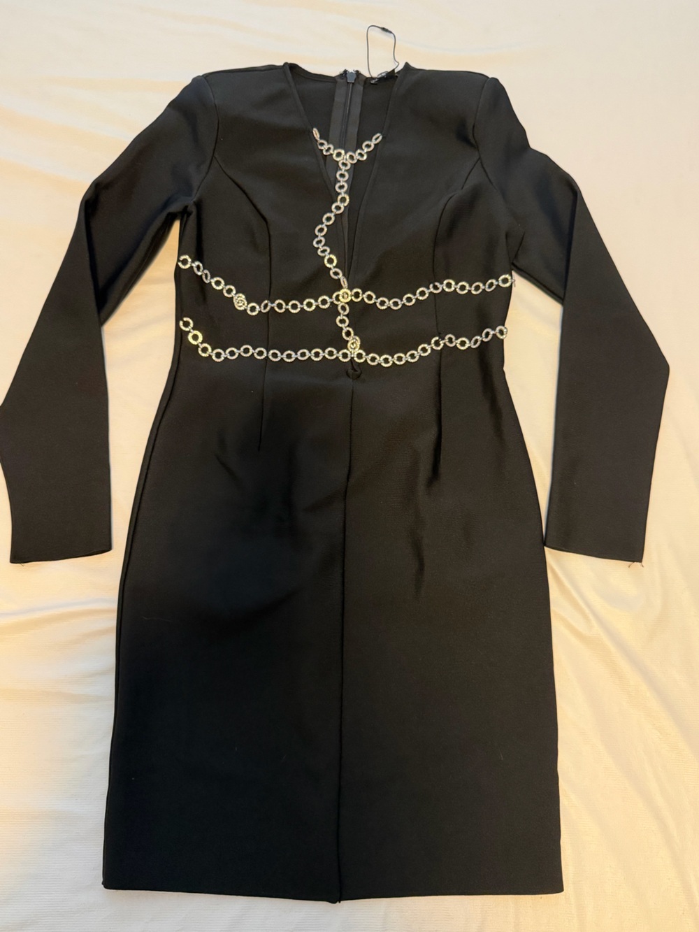 Fashion Nova Black Long-Sleeve Dress with Chain Ring Detail